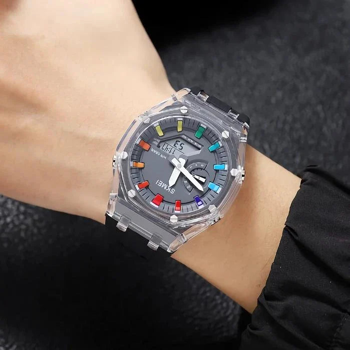 A durable, waterproof digital sports watch with LED lighting for easy reading in any conditions