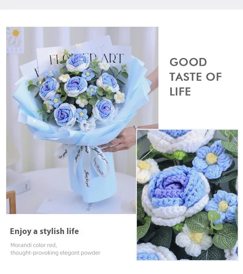 A knitted floral bouquet with vibrant flowers and LED lighting, creating a mesmerizing and elegant home decor piece.