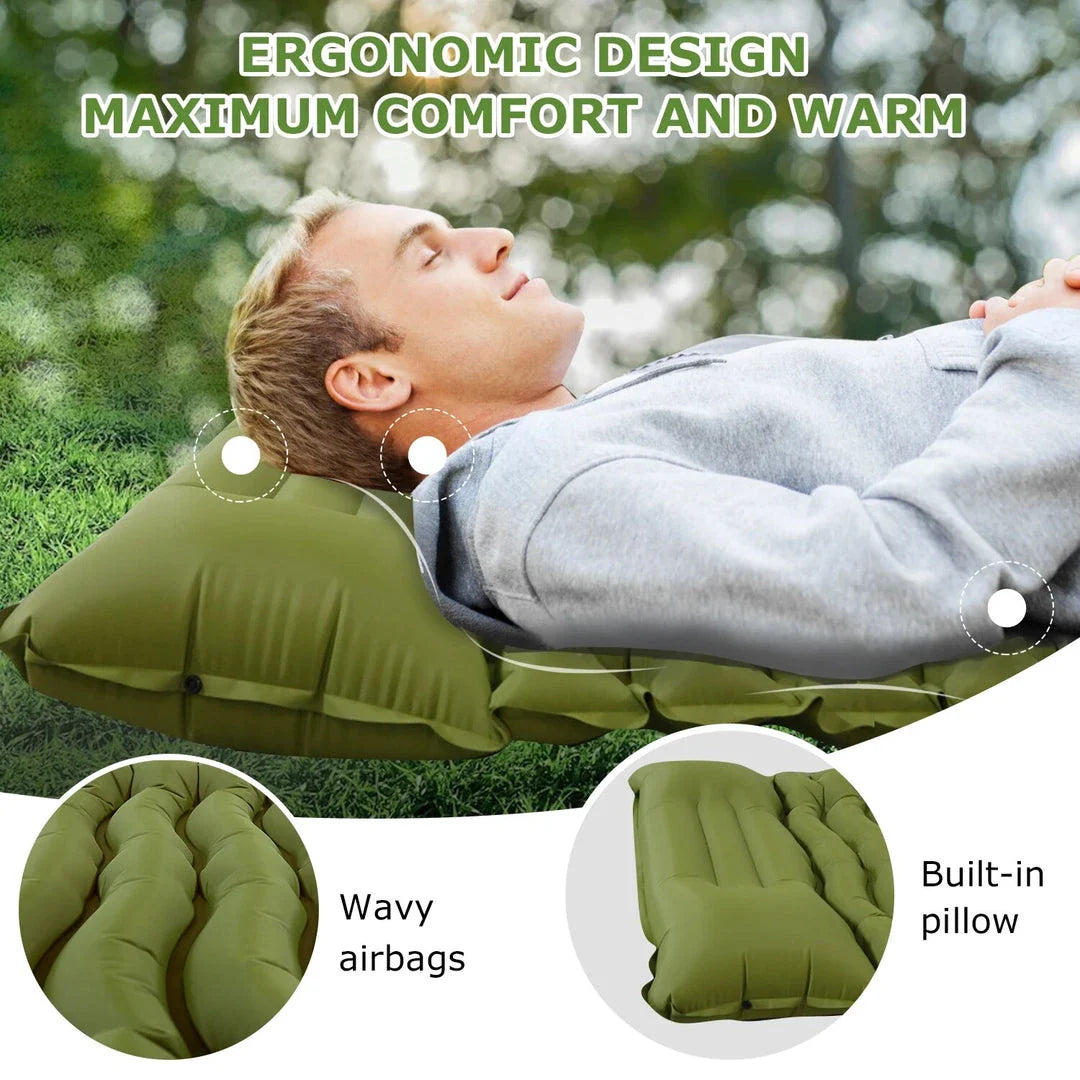 Inflatable camping mattress with built-in pillow and pump for comfortable outdoor sleeping