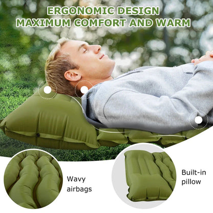 Inflatable camping mattress with built-in pillow and pump for comfortable outdoor sleeping