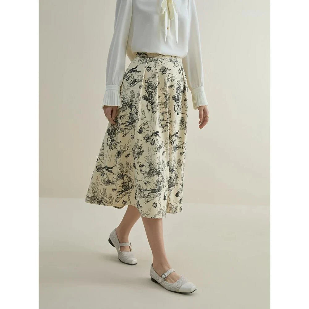 Premium polyester A-line midi skirt with unique ink animal print, designed for stylish winters.
