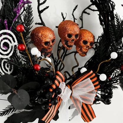 Spooktacular Halloween Skull Wreath with simulated yellow skulls, a chilling yet elegant addition to your holiday decor