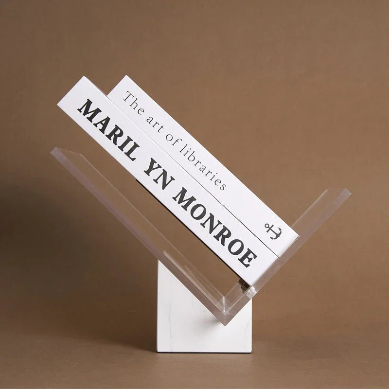 Elegant natural marble and acrylic book stand with Volakos White marble and transparent acrylic design for stylish display of books, magazines, and art