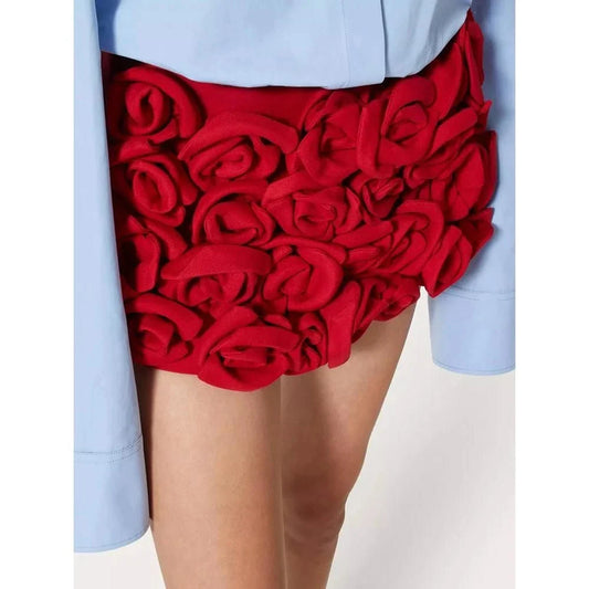 Women's high-waist patchwork applique slimming shorts in red, featuring a flattering silhouette and delicate decorative details