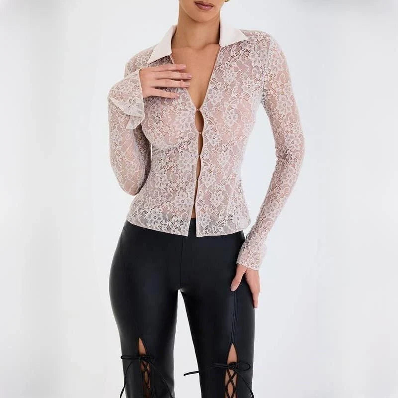 Chic Lace Flare Sleeve T-Shirt with Stylish Turndown Collar - A versatile summer fashion essential crafted from premium polyester