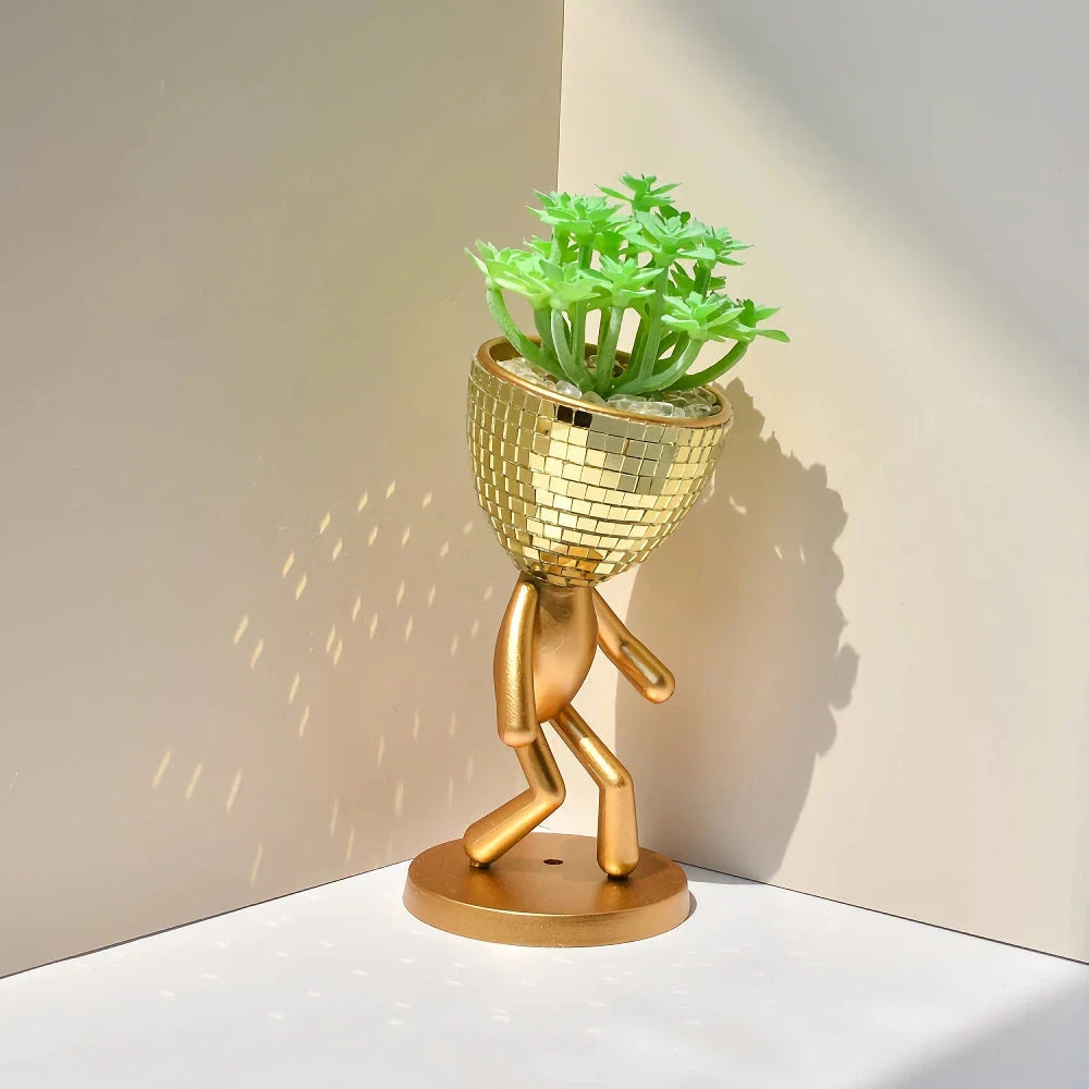 Elegant mirror disco walking man planter pot with sparkling mirror tiles and a unique walking man design