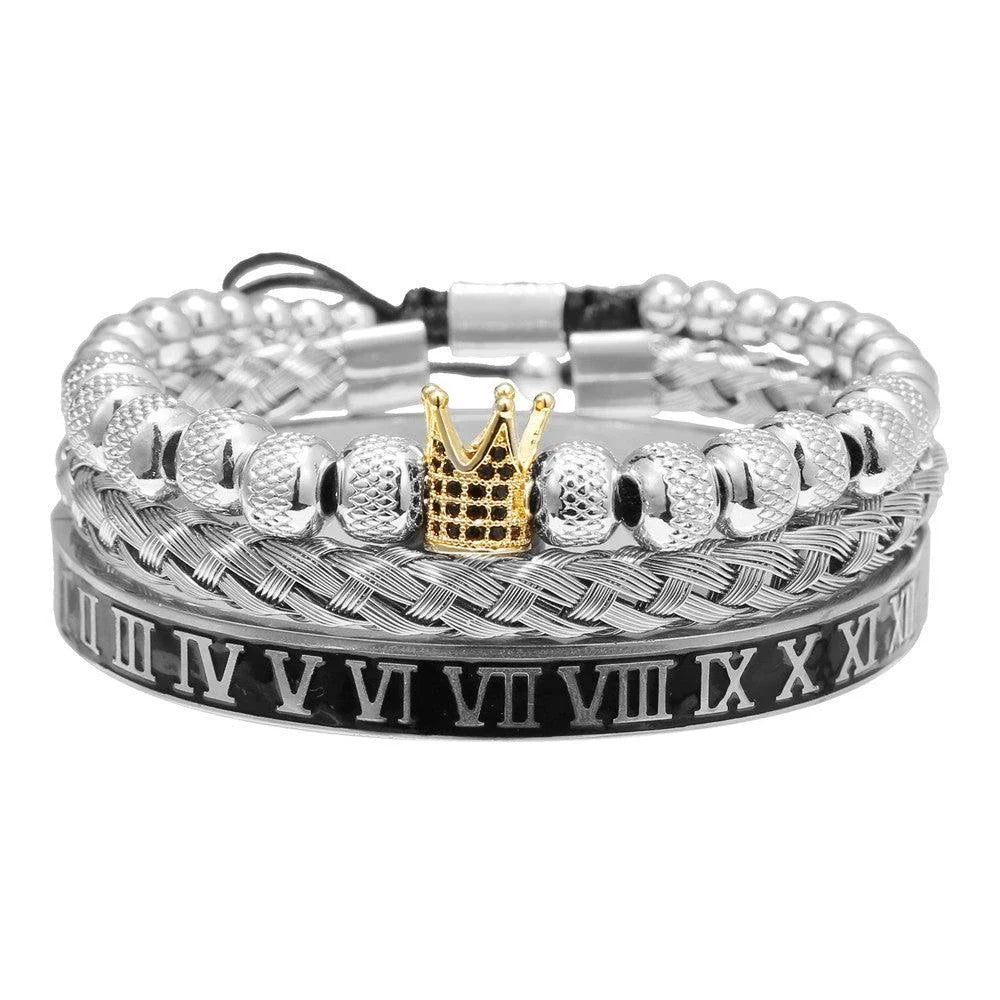 Crown-inspired braided bracelet set with stainless steel and copper construction for a retro-chic American and European style