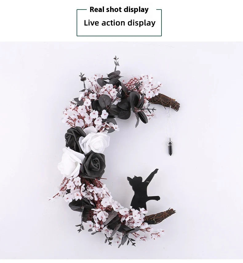 Halloween White Flower Black Rose Dried Wood Moon Cat Garland Ornaments