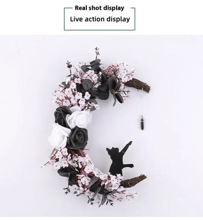 Halloween White Flower Black Rose Dried Wood Moon Cat Garland Ornaments