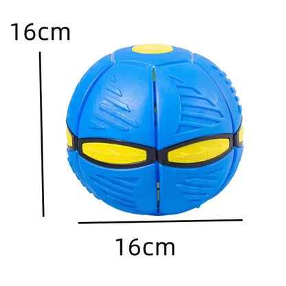 Transforming dog toy with UFO-shaped ball that changes shape for interactive outdoor play