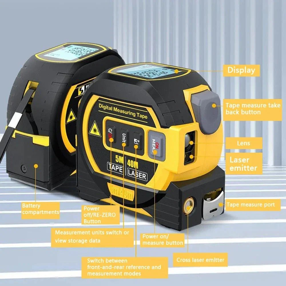 Multifunctional Laser Distance Meter with 5-meter tape measure and laser cross-marking features for precise measurements in construction and DIY projects.