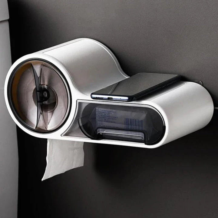 Multifunctional waterproof toilet paper holder with transparent window, detachable roll shaft, and anti-skid storage table for bathroom organization and convenience