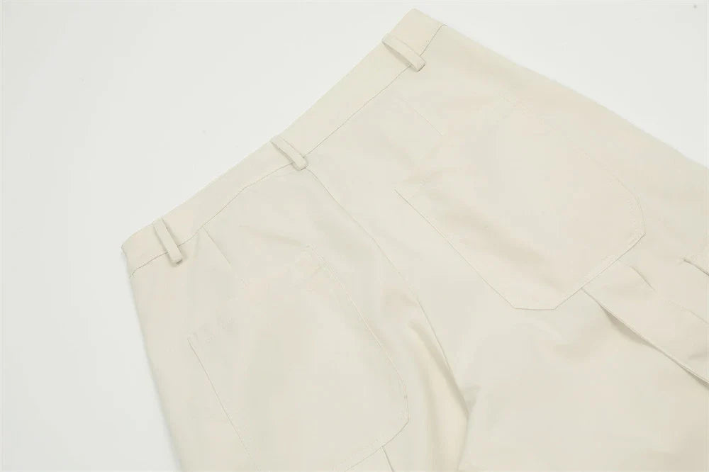 Premium pleated overalls for men with ribbon pockets, available in black and apricot colors, sizes S-XL