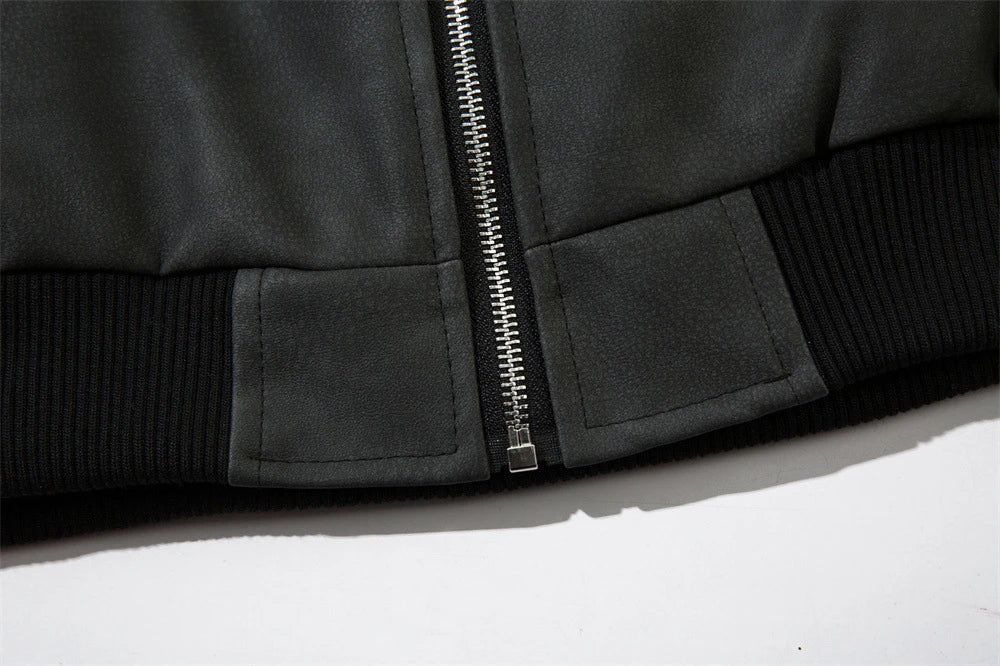 Fashionable Loose PU Leather Jacket with Star Embroidery Design in Black and Gray Green Colors