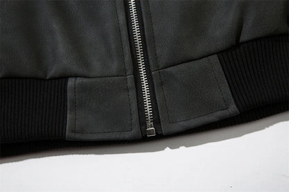 Fashionable Loose PU Leather Jacket with Star Embroidery Design in Black and Gray Green Colors