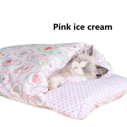Cozy Cat Sleeping Bag Mat in various colors and sizes, providing a plush and comfortable sleeping surface for cats.