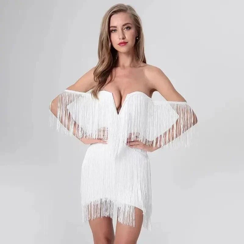 Elegant tassel-embellished bodycon mini dress in black, red, and white colors for glamorous occasions