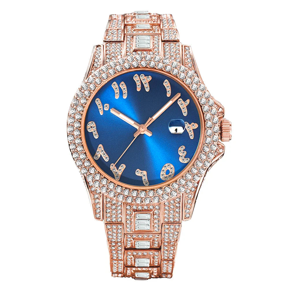 American-designed diamond-encrusted waterproof quartz watch with gold-plated stainless steel construction