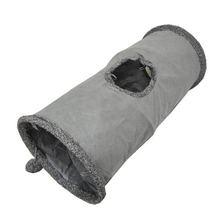 A cozy and collapsible cat tunnel toy made of high-quality polyester material, providing a warm and durable hideaway for indoor playtime and relaxation.