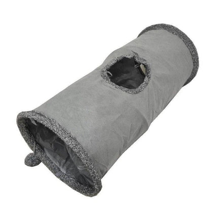 A cozy and collapsible cat tunnel toy made of high-quality polyester material, providing a warm and durable hideaway for indoor playtime and relaxation.