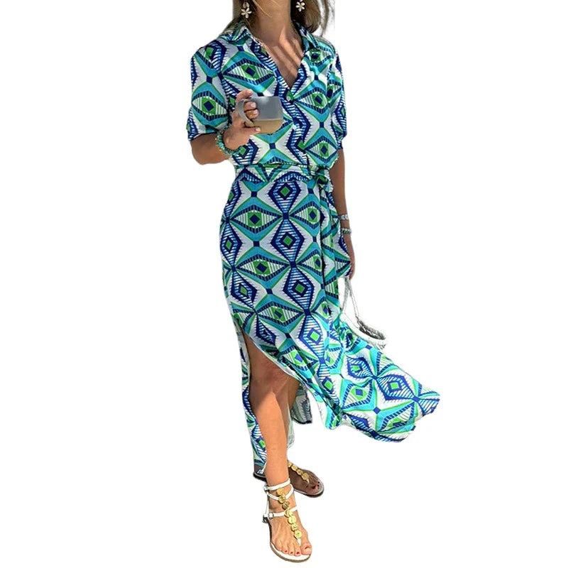 Stylish Printed Blouse Collar Bohemian Mid-Length Dress in Sky Blue with A-Line Silhouette and Geometric Pattern