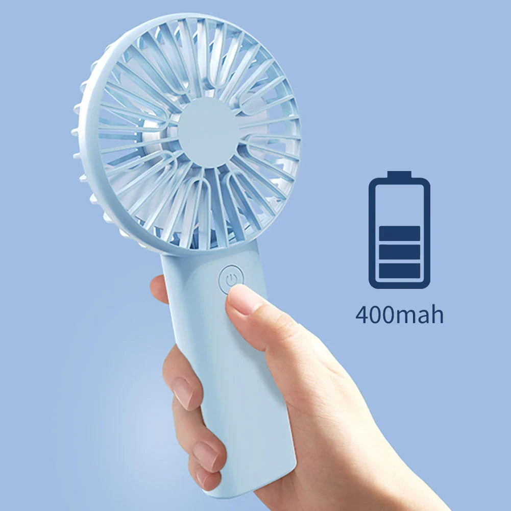Compact USB Rechargeable Mini Handheld Fan with 3 wind modes, desktop stand, and phone holder for cooling anywhere