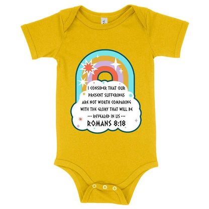 Soft and comfortable Christian baby onesie with Bible verse design, made with premium Airlume cotton for newborns to 24-month-olds.