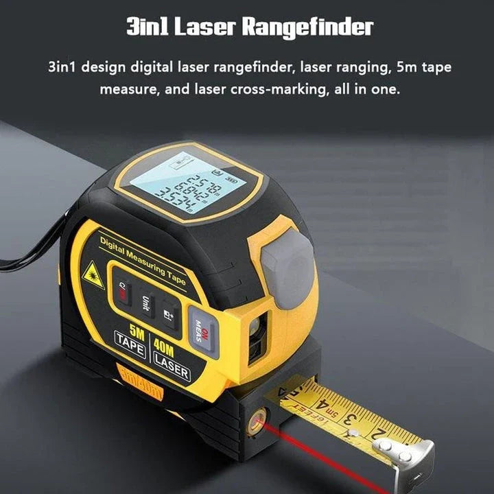 Multifunctional Laser Distance Meter with 5-meter tape measure and laser cross-marking features for precise measurements in construction and DIY projects.