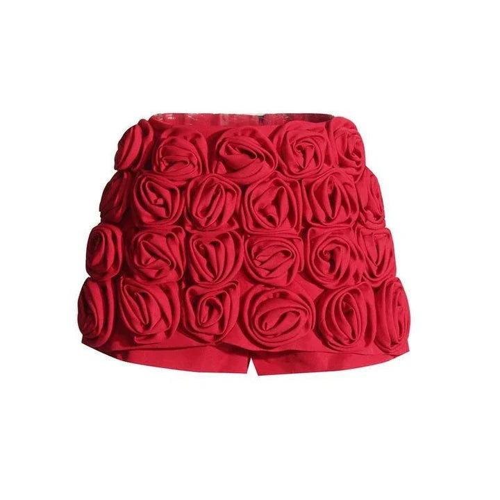 Women's high-waist patchwork applique slimming shorts in red, featuring a flattering silhouette and delicate decorative details