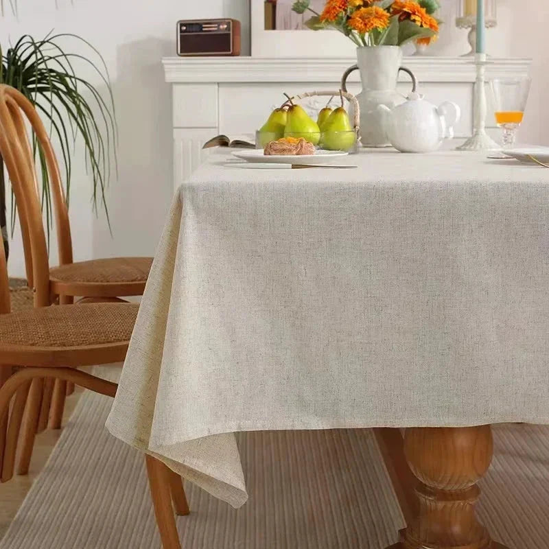 Luxurious linen cotton tablecloth in flax color, perfect for weddings, home parties, and dining events