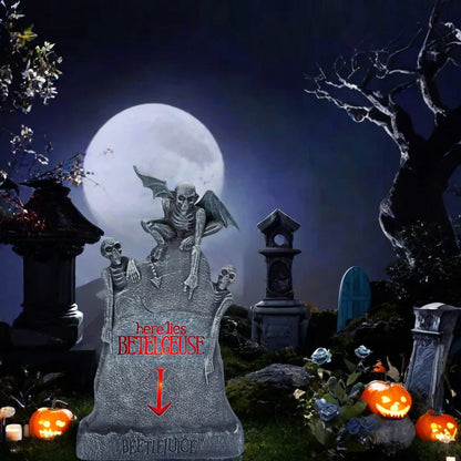 Glowing ghost skull tombstone decor with a spooky, otherworldly glow for Halloween
