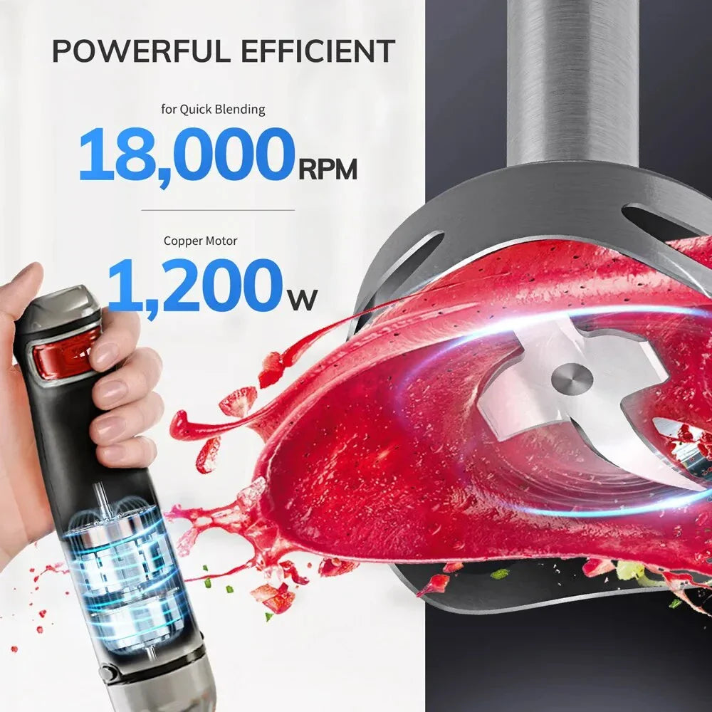 MIUI 6-in-1 Multi-Purpose Electric Hand Held Blender with 1200W pure copper motor, one-handed operation, and versatile 6-in-1 design