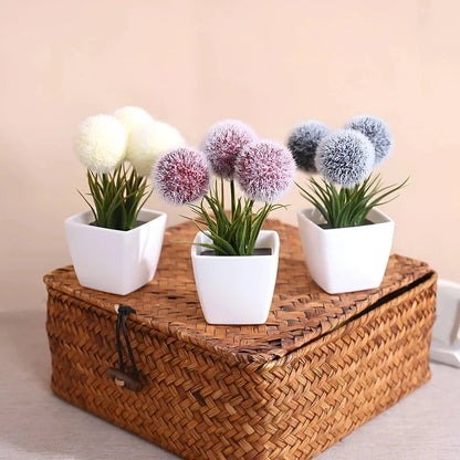 Lifelike artificial hairy ball bonsai plants in various colors for low-maintenance home and office decor