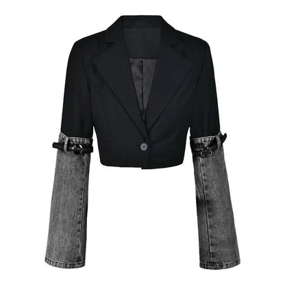 Stylish denim patchwork blazer with a unique design, perfect for autumn fashion