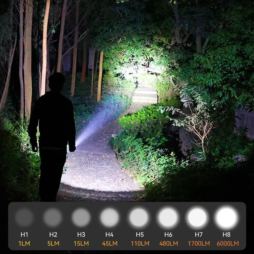 Powerful 6000 lumen tactical LED flashlight with USB-C power bank, long-range illumination, and durable waterproof design