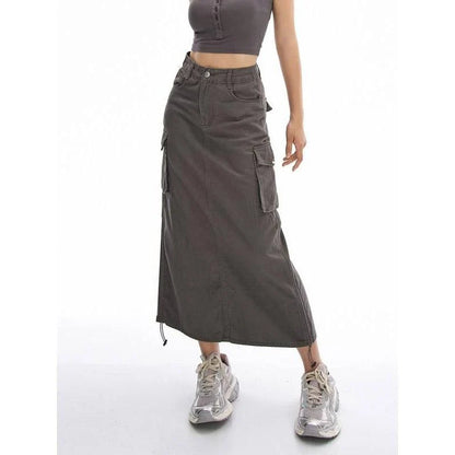 New Cargo Long Skirt - A versatile, mid-calf length skirt with a drawstring waist, pockets, and a flattering A-line silhouette