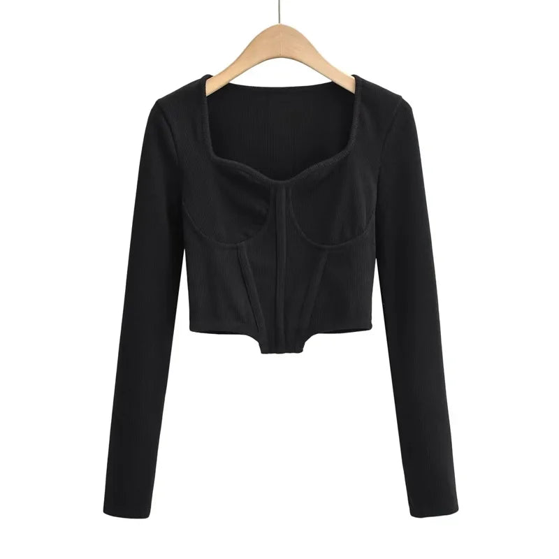 A stylish slim-fit short autumn top with an open waist design, made of premium polyester fabric with long sleeves and a square collar.