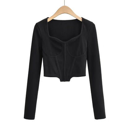 A stylish slim-fit short autumn top with an open waist design, made of premium polyester fabric with long sleeves and a square collar.
