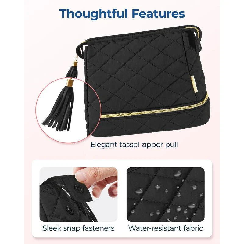 Elegant dual-layer makeup organizer bag in pink color with stylish tassel zippers and smooth zipper closure for easy access to cosmetics and beauty essentials