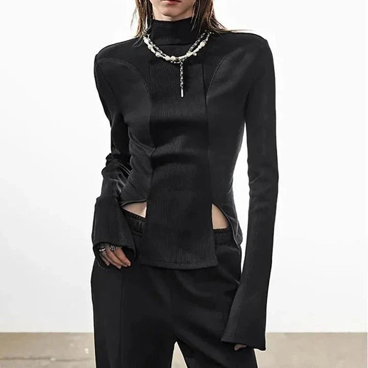 Chic Slim-Fit Knitted Pullover in Brown and Black colors, showcasing the sleek half-high collar and flattering split hem design.
