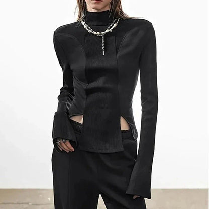 Chic Slim-Fit Knitted Pullover in Brown and Black colors, showcasing the sleek half-high collar and flattering split hem design.