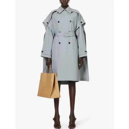 Elegant gray blue bat sleeve trench coat with double-breasted design, offering timeless style and modern comfort