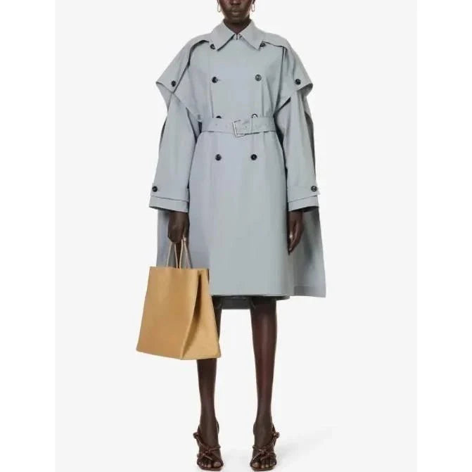 Hhomeenjoy Elegant Gray Blue Bat Sleeve Trench Coat with Double-Breasted Design