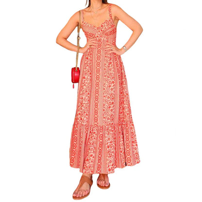 Floral print sling dress with mid-length design, available in sizes S-XL and orange red color
