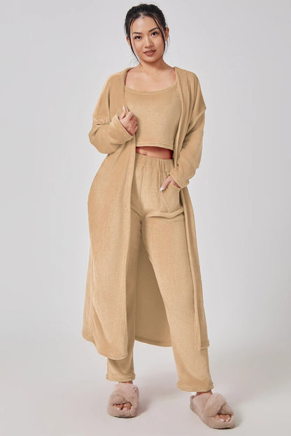 Cozy 3-piece loungewear set in pastel colors including crop top, wide-leg pants, and matching cardigan