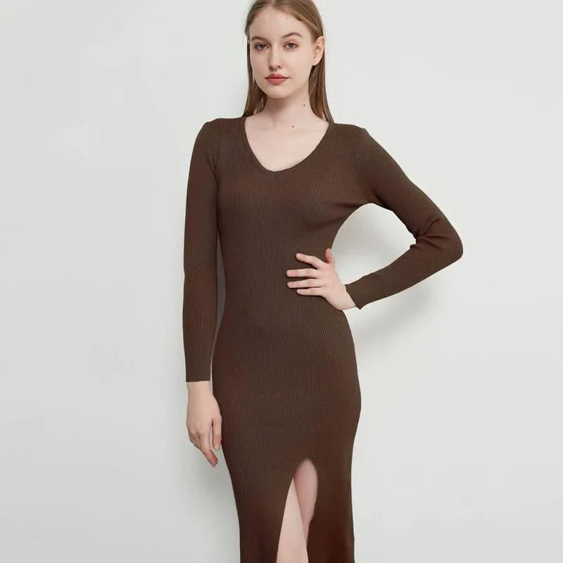 Elegant knitted midi dress in beige, black, and brown colors with lace-up details for modern sophistication