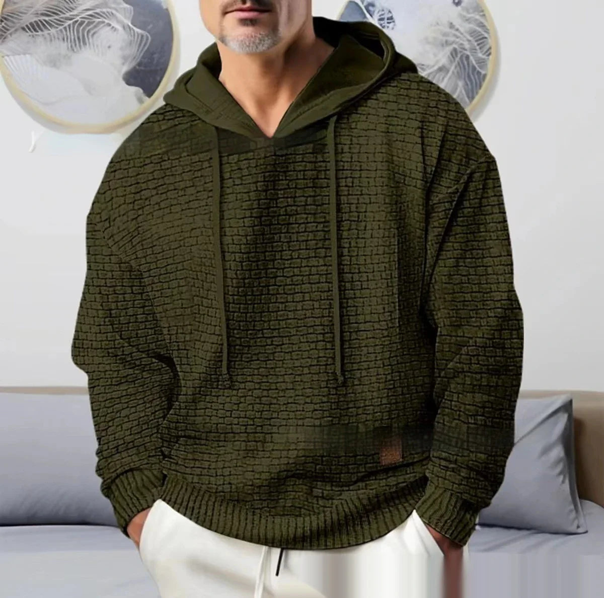 Cozy hooded jacquard sweater for modern American men, available in multiple color options and sizes