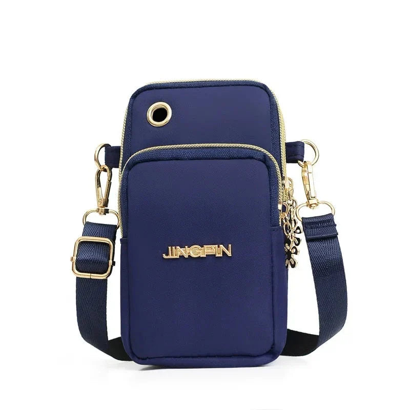 Fashionable women's crossbody phone bag with multi-function pockets, headphone plug, and stylish decorations
