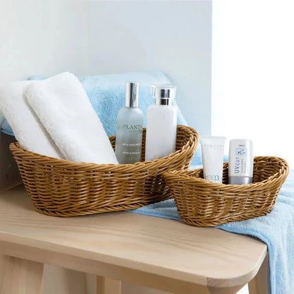 Bamboo handwoven storage basket organizer with natural, neutral tones and rustic design for organizing fruits, tea supplies, and more in the kitchen, living room, or bathroom.