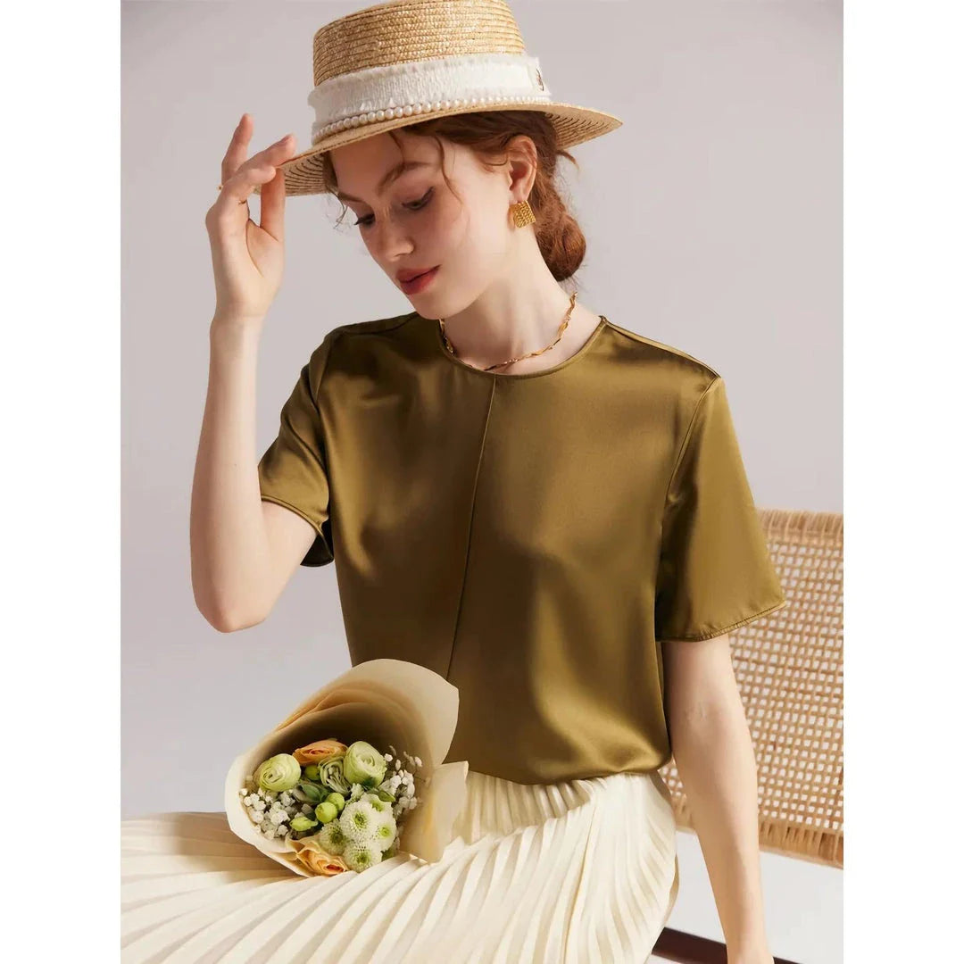 Elegant mulberry silk women's summer tee in olive color with classic O-neck design